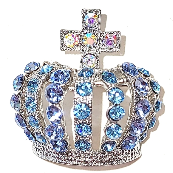 CROWN BROOCH PENDANT - VINTAGE BLUE RHINESTONES - Picture 5 of 8